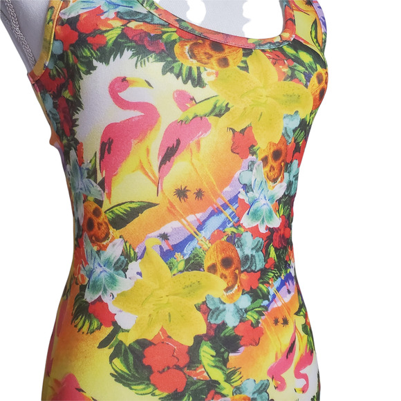 Iron Fist Hellwaiin Holiday Tropical Flamingo Skull Bodycon Dress Sz. Small - Picture 2 of 8